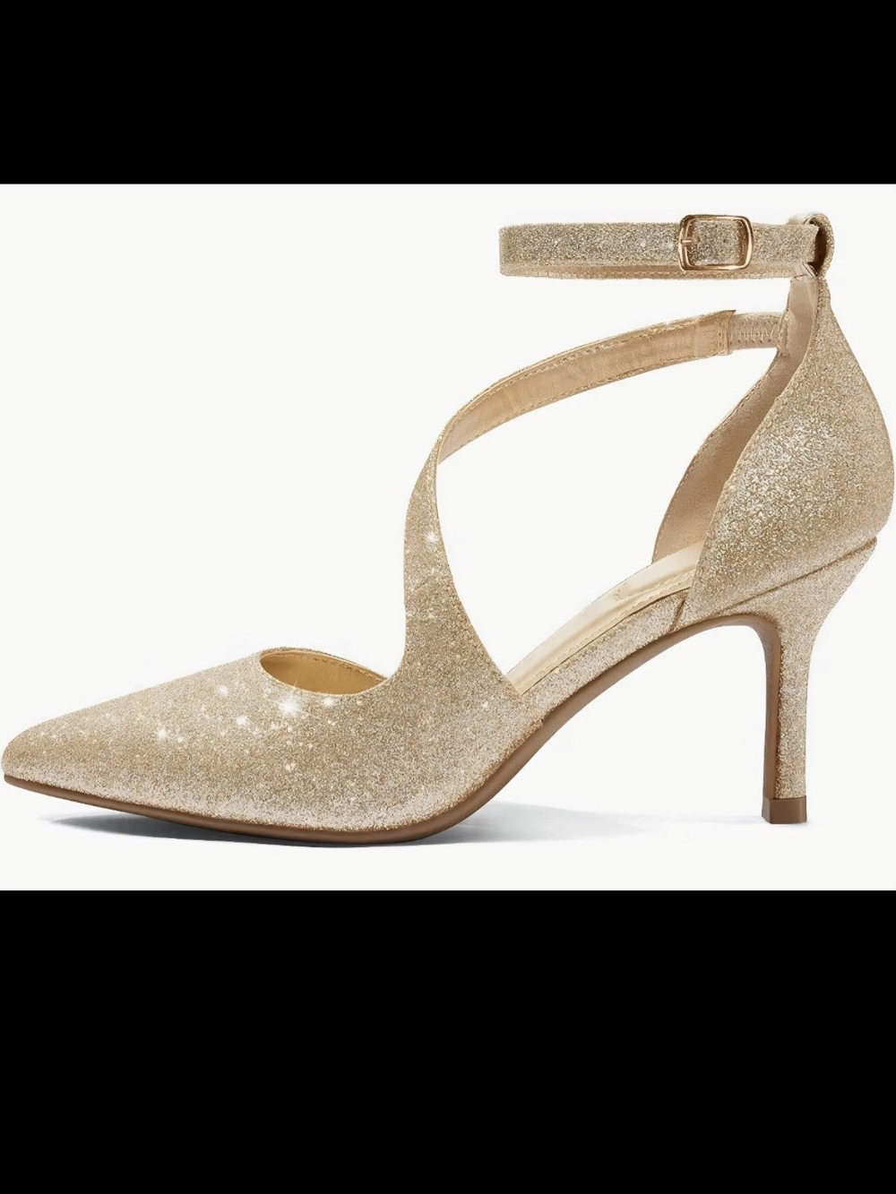 Amazon Gold Glitter Cross-Strap Pointed-Toe Heels